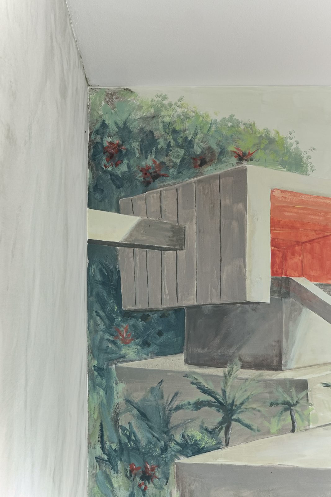 Detalle de volúmenes modernistas del mural